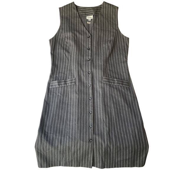 VINTAGE Hillard & Hanson Women Dress 10 Gray Striped Shirt Dress Classic Button - Picture 1 of 11
